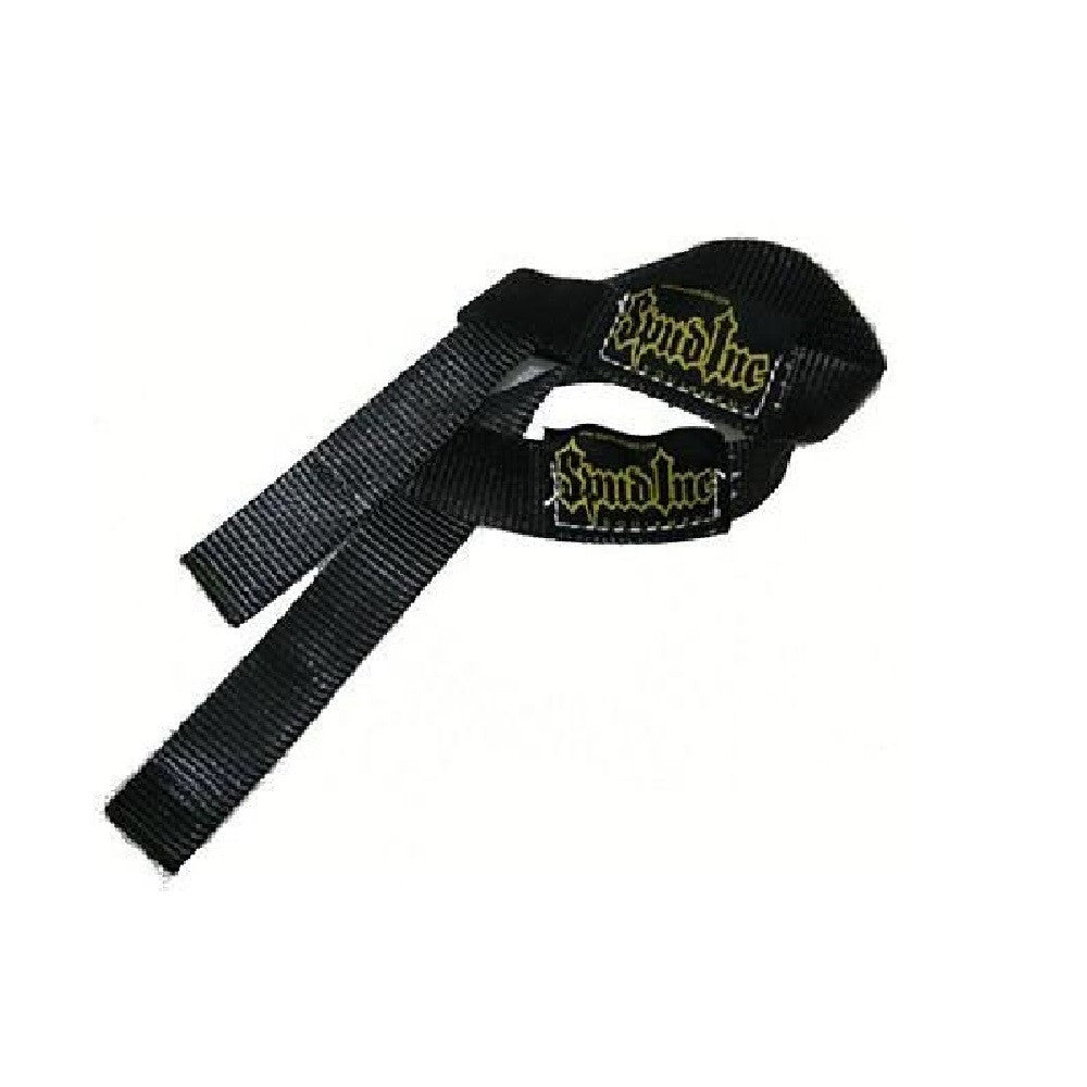 Black 1" wide spud inc weight lifting straps.