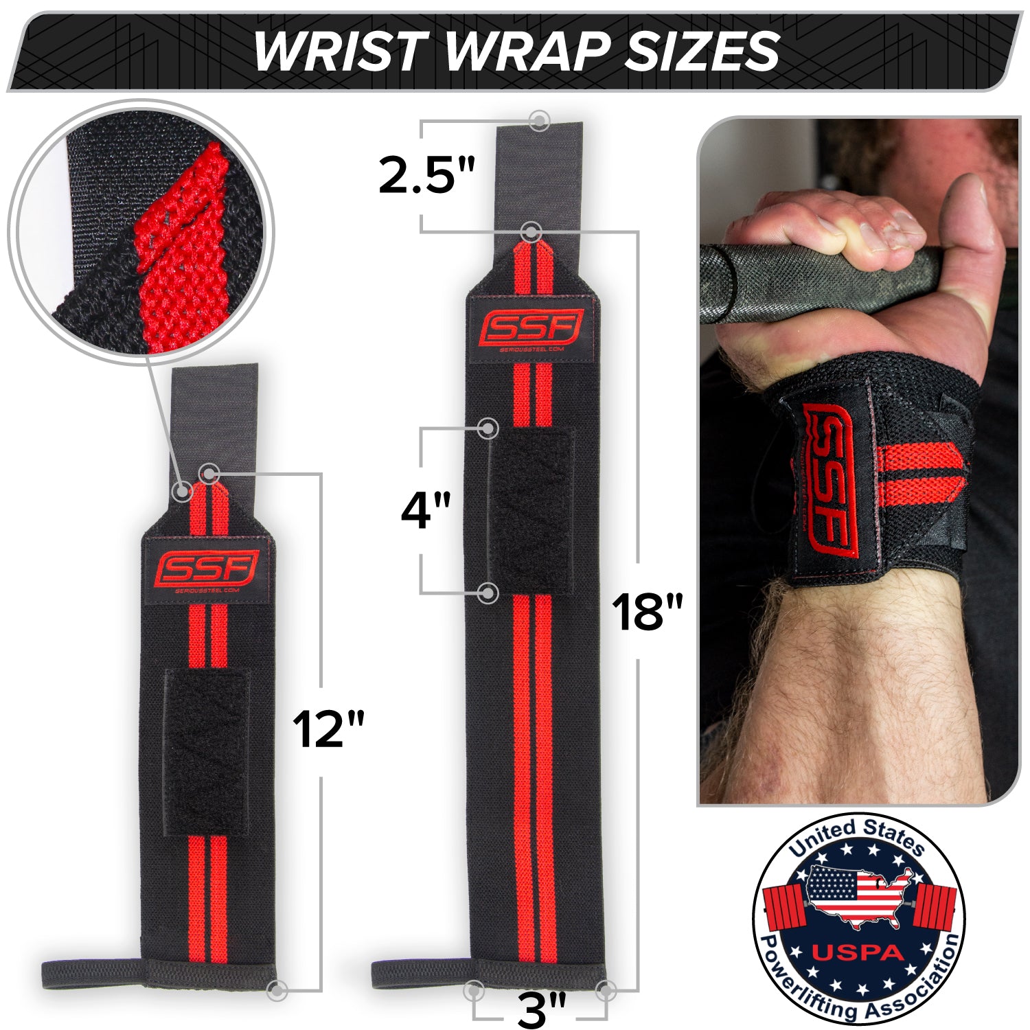 Blade Super Heavy Duty Wrist Wraps & Lifting Straps – 18" Or 24", Black/White/Red, Unisex 13 thumbnail image